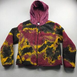 JoyLab Womens‎ Sherpa Fleece Full Zip Hoodie Abstract Camo Quilted Burgundy M